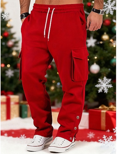  Herren Weihnachtshose Cargo-Jogginghose Jogginghose Hose Kordelzug Tasche Elastischer Bund Einfach Komfort Weihnachten Sport im Freien Täglich Mode Lässig Schwarz Rote Mikroelastisch