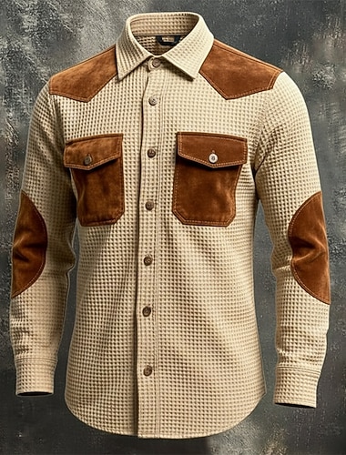 Herren Hemd Waffelhemd Freizeithemd Vintage-Shirt Knopfhemd Cargohemd Schwarz Kaki Grau Langarm Farbblock Revers Outdoor Lässig Patchwork Bekleidung Mode Vintage-Retro