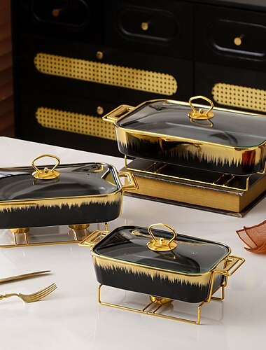  3 kpl täysikokoinen suorakaiteen muotoinen keraaminen tarjoiluastia lasikannella, ruoanlämmitysalusta häihin, juhla-aterioihin