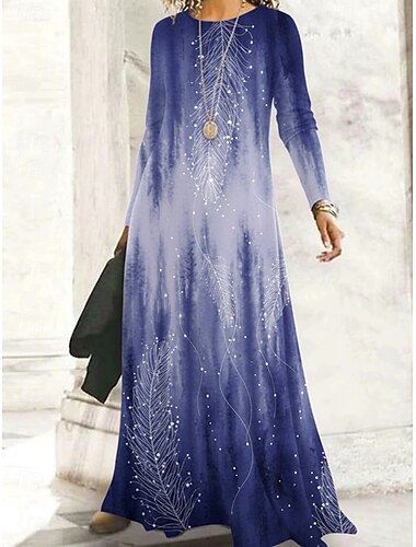  Per donna Abito Lungo Maxi Abito Vestito Casual Vestito a ruota Abito Boho Vintage All'aperto Quotidiano Weekend Vestibilità regolare Ombre Floreale Manica Lunga Girocollo Blu Viola Viola scuro