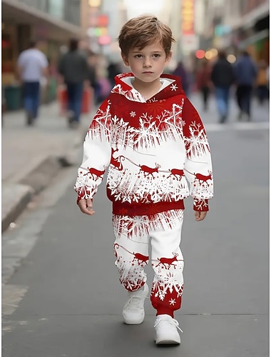  Navidad Chico 3D Graphic Copo Venados Conjuntos navideños regalo de Navidad Conjunto de sudadera con capucha y pantalones deportivos Manga Larga Primavera Otoño Diario Básico Casual Niños 4-12 años