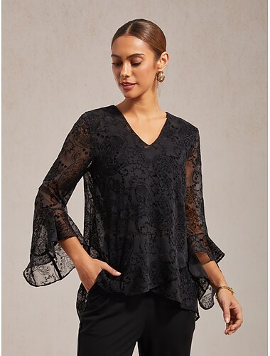  camicetta trasparente con scollo a V in chiffon floccato per feste e vacanze