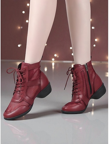  Damskie, skórzane, siatkowe, sznurowane buty do tańca - lekkie, oddychające, profesjonalne buty do ćwiczeń tanecznych/latynoamerykańskich z bocznym zamkiem błyskawicznym, przeznaczone do treningów