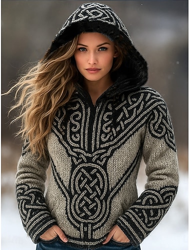  女性用 ニット 旅行度假风 ヴィンテージ クール 幾何学模様 フード付き プリント 長袖 レギュラートップス ニット アウトドア 日常 ルビーレッド ライトグレー 秋 冬