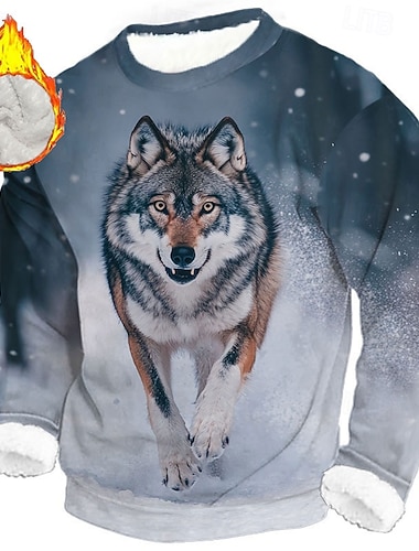  男性用 オオカミ フリース スウェットシャツ 日常 カジュアル 3D ハンティング クルーネック 家 パーティー 贈り物 ストリートウェア ブルー ブラウン 3Dプリント 秋 冬 デザイナー S M L XL XXL XXXL