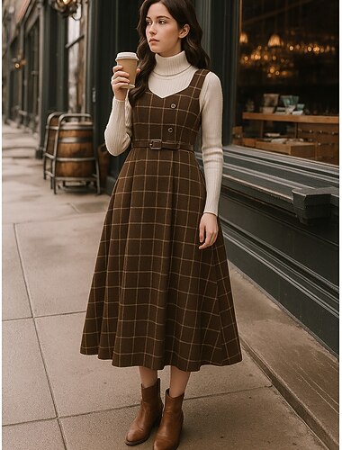  Dame Midikjole Kappe Kjole A Linje Kjole Ferie Afslappet Boheme Daglig Ferie Ternet Langærmet Rullekrave Dybgrøn Flåde Brun