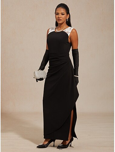  Femmes Robe maxi Robe fourreau Robe Portefeuille Élégant Soirée Mariage robe demoiselle d honneur Froncé Dentelle Asymétrique Coupe régulière Couleur Unie Sans manches Manche 3/4 Col en V Noir