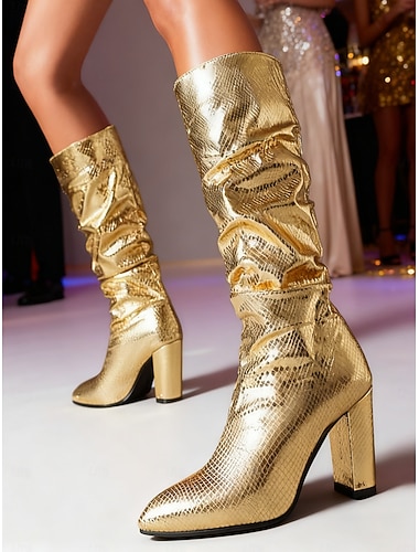  Dames gouden slangenleren laarzen tot op de kuit - metalen stevige hak feestmode laarzen met puntige neus voor een avondje uit &clubkleding