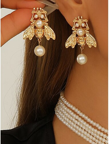  סט תכשיטי דבורה פנינה לנשים - שרשרת קולר רב שכבתית אלגנטית ועגילי טיפה עם עיצוב חרקים בגוון זהב למסיבות, חתונות ומראות אופנתיים וינטג'