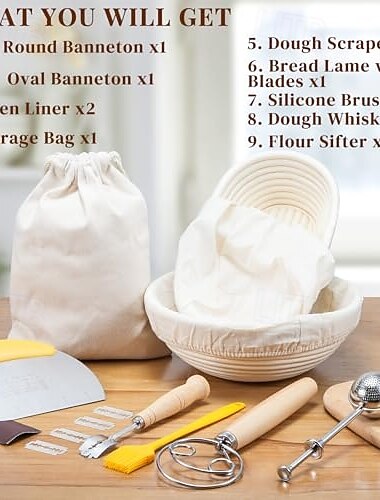  surdeigsstartersett inkluderer en rund form på 9 tommer &25 cm oval brødhevingskurv med brødlamell, deigskrape, deigvisp, silikonbørste og sil