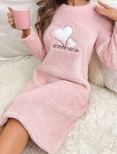  女性用 ナイトガウン フランネル あたたか ファッション ハート バケーション 家 日常 長袖 クルーネック ピンク ベージュ 秋 冬 レギュラー