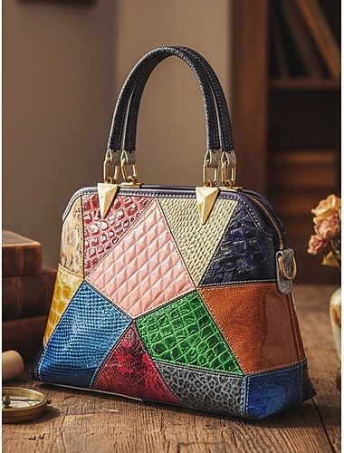  תיק יד מעור אמיתי לנשים, עיצוב טלאים רב-צבעוני, קיבולת גדולה, רב-תכליתי ללבוש עם ידיות עליונות ורצועת כתף מתכווננת, אופנתי ופונקציונלי לשימוש יומיומי ולאירועים מיוחדים