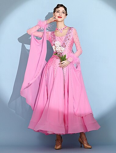  Baile de Salón Vestido Plisado Corte Cristales / diamantes de imitación Mujer Rendimiento Entrenamiento Manga Larga Cintura Alta Licra Gasa Malla