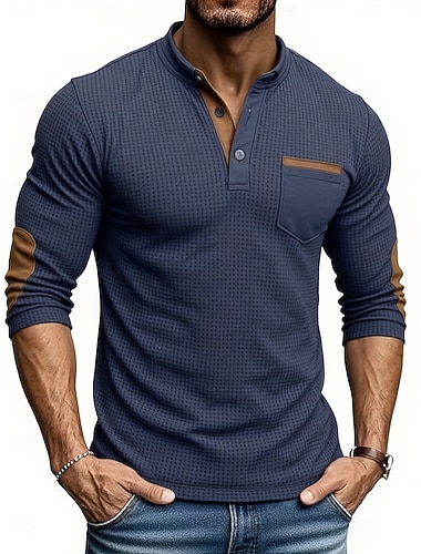  Herren Waffel-Henley-Hemd T-Shirt Langarm Einfarbig Einfach Mode Designer Zeitgenössisch Tasche Farbblock Knöpfe Henley Outdoor Lässig Täglich Herbst Winter Ganzjahres Marineblau Henley T-Shirt