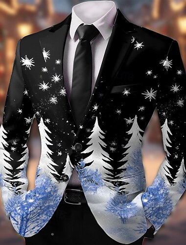  Jul Herre Træ Snefnug Blazer jakke Frakke Bekvem Åndbart Kunstnerisk Afslappet Festaftentøj Daglig Festival 3D-udskrivning Knapper Efterår vinter Hakrevers Langærmet Blå Gul