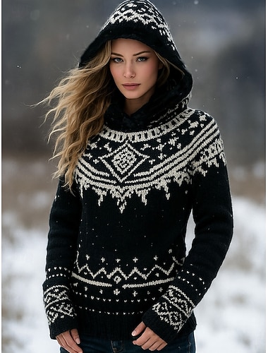  maglione da donna vichingo vintage con cappuccio e stampa geometrica manica lunga maglia regolare top nero autunno inverno