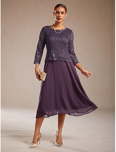  Dame Midikjole Chiffonkjoler Elegant Helfarge 3/4 ermer Crew-hals Lilla Sommer Vår Høst Vinter