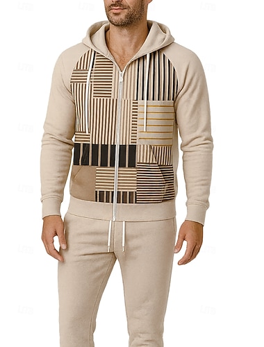 Męskie Bluza z Kapturem Dres Dres 2-częściowy Ściągana na sznurek Zapiąć na zamek błyskawiczny Geometria Zestawy odzież Jesień Zima Khaki Kariera Na zewnątrz Podróże Lekki Moda Długi rękaw Sport