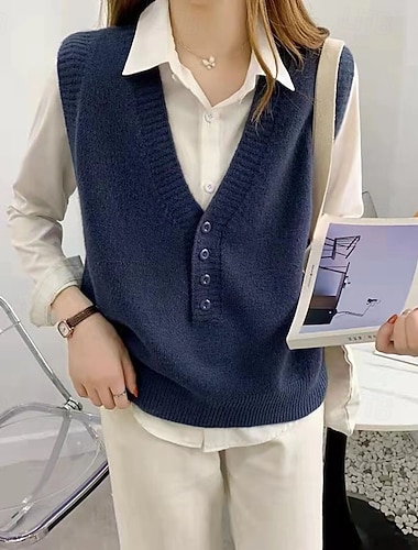  Dámské Svetr Rolák Šik ven Na běžné nošení Pevná barva Do V Knoflíky Pletený Bez rukávů Běžné topy Plést Denní Dovolená Jdeme ven Černá Žlutá Jaro Podzim