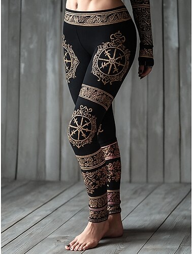  Kvinnors Viking Boho Leggings Vintage Etnisk Stil Avslappnad Hel Längd Hög Midja Grafisk Abstrakt 3D Utskrift Snabbtorkande Andningsförmåga Mjuk Stretchig Utomhus Semester Hem Svart Vår Höst Vinter
