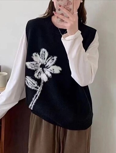  Dámské Svetr Svetrová vesta Šik ven Na běžné nošení Květinový Tričkový Výšivka Pletený Bez rukávů Běžné topy Plést Denní Dovolená Víkend Černá Rubínově červená Podzim Zima