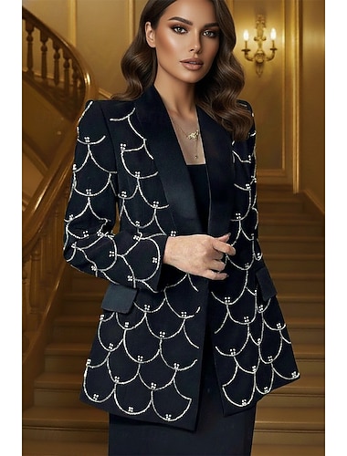  Blazer feminino paletó esportivo ajuste reto formal vestido de convidada de casamento elegante com mangas longas decote em V lapelas xale com fecho único e aplicações de renda