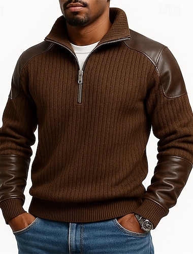  Herren Sweatshirt Pullover Viertelreißverschluss Sweatshirt Rippenstrick Braun Stehkragen Einfach Patchwork Sport & Outdoor Lässig Täglich Streetwear Cool Sportbekleidung Frühling & Herbst Herbst