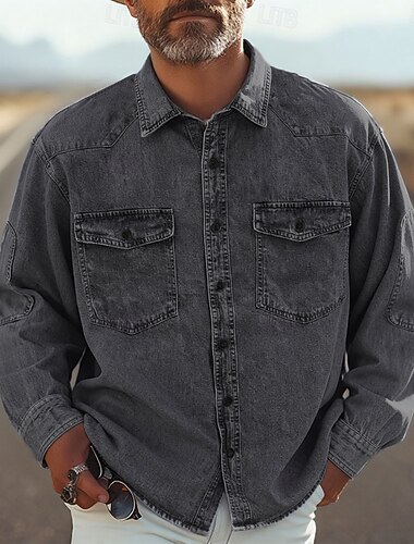  Herren Hemd Sommerhemd Freizeithemd Knopfhemd Jeanshemd Schwarz Blau Langarm Einfach Revers Urlaub Hawaiianisch Fronttasche Bekleidung Polyester Mode Lässig Bequem