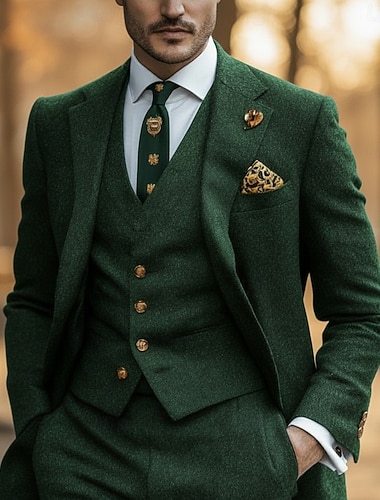  男性用 結婚式 ビジネス ツイードスーツ ノッチドラペル ダークグリーン 日常 カジュアル ソリッド テイラーフィット 3点セット シングルブレスト 一つボタン
