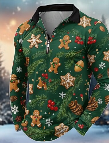  クリスマス 男性用 ジンジャークッキー ジップポロシャツ 長袖 ポロシャツ ラペル カジュアル アウトドア フェスティバル衣装 3Dプリント 春 秋 冬 ブルー ルビーレッド グリーン