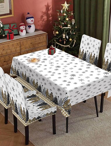  Ensemble nappe et housses de chaises de Noël : nappe en tissu doux effet peau de pêche et housses de chaises extensibles imprimées effet soie laiteuse pour une décoration festive de salle à manger et