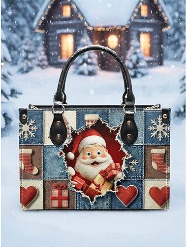  Weihnachtstasche für Damen – Kunstleder, Weihnachtsmann- und Schneemannmotiv, festliche Geschenktasche für Damen, Handtasche für die Weihnachtszeit, perfekt für Partys und Winterausflüge