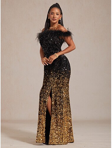  בגדי ריקוד נשים שמלת מקסי שמלה בגזרה ישרה אלגנטית נצנצית ללא שרוולים סירה מתחת לכתפיים שחור אביב סתיו חורף