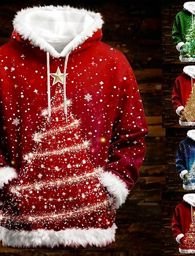  Natal Homens Gráfico Árvore de Natal Tosão Moletom Moletom com capuz Moletom estampado Férias Moda Roupa de rua à moda Com Capuz Ao ar livre Para Noite Azul Vermelho Vinho Verde Vermelho Escuro
