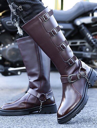  Botas militares masculinas em couro sintético marrom com fivelas – estilo robusto com sola resistente, perfeitas para aventuras ao ar livre e uso diário.