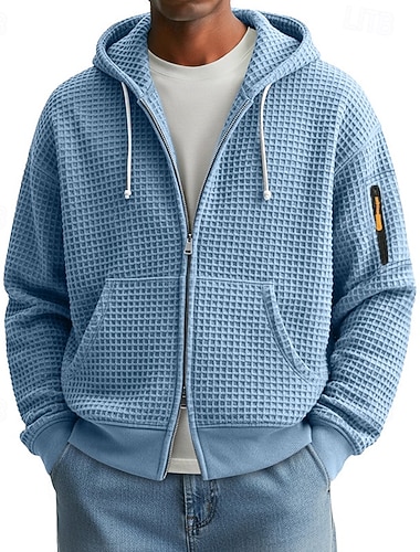  Homens Moletom Full Zip Hoodie Moletons Waffle Moletom Tático Azul Marinha Verde Cinza Claro Azul Claro Com Capuz Tecido Zíper Textura Desportos e Ar livre Casual Diário Roupa de rua Roupa de Esporte