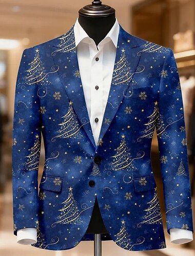  Natal Homens Árvore de Natal Jaqueta Blazer Casaco Confortável Respirável Artistíco Casual Traje de festa para noite Diário Festival Impressão 3D Botões Outono & inverno Entalhe Manga Longa Azul