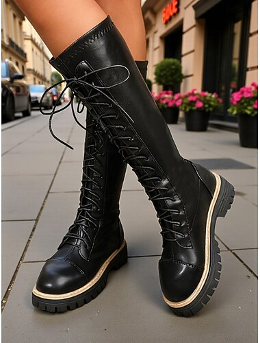  حذاء بوت نسائي يصل إلى الركبة برباط باللونين الأسود والبني - نعل سميك، طراز عسكري، مثالي للمغامرات الخارجية والنزهات اليومية وأزياء الشارع