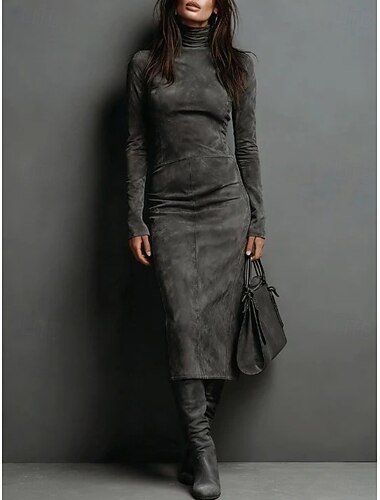  Damskie Sukienka midi Sukienka ołówkowa Urlop Codzienny Boho Codzienny Randka Szczupła Równina Długi rękaw Golf Ciemnobrązowy Jasnobrązowy Szary Jesień Zima