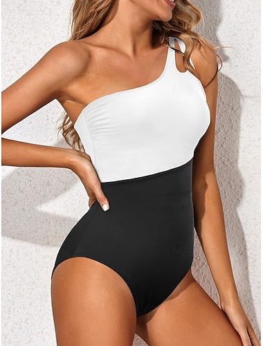  Maillot de bain une pièce pour femmes amincissant monokini épaule dénudée colorblock contrôle du ventre taille haute dos nu vacances plage uni graphique en U sans manches