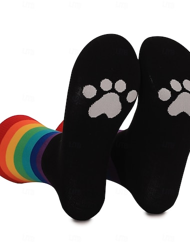  Meias de cano médio com estampa de listras arco-íris, absorventes de suor e resistentes a odores, com estampa de patas de animais, unissex, confortáveis, de algodão, para uso casual masculino e