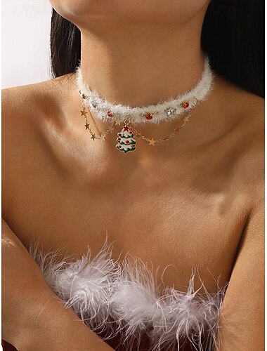  Julehalskjede til dame, plysj og legeringsmateriale, rød og gullstjerne, treanheng med strass, festtilbehør