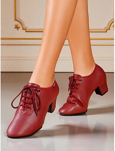  Γυναικεία μαύρα κορδόνια για επαγγελματικά παπούτσια χορού - άνετα τακούνια λάτιν από τεχνητό δέρμα για ballroom, προπόνηση και παραστάσεις