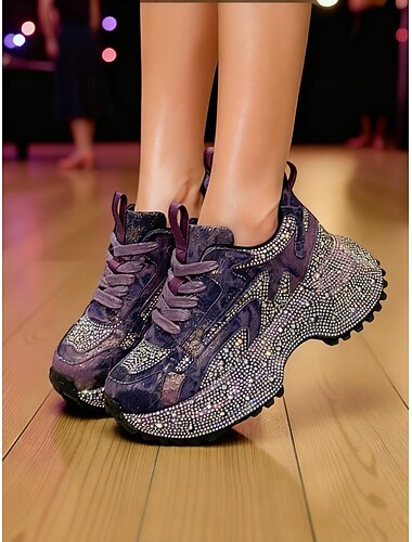  Sneakers da donna con plateau e strass viola - scarpe da ballo scintillanti e voluminose per la moda in discoteca, spettacoli teatrali e feste notturne