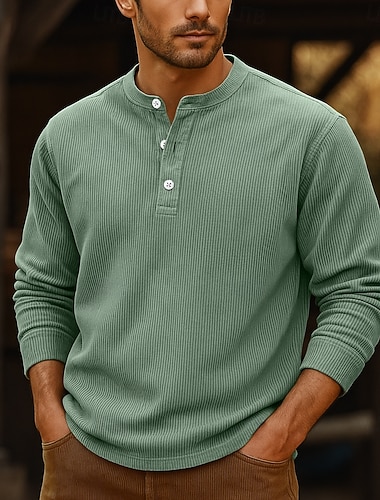  Herren Cordhemd Henley Hemd T-Shirt Langarm Henley Herbst Winter Ganzjahres Einfarbig Einfach Mode Designer Lässig Knöpfe Warm Lässig Täglich Outdoor Hellgrün Top T-Shirt für Herren