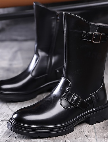  バックル付きのメンズブラックフェイクレザーミリタリーブーツ - スタイリッシュで実用的、アウトドアアドベンチャーやカジュアルなアクティビティに最適