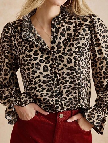  Damen Hemd Bluse Leopard Elegant Vintage Stilvoll Langarm Hoher Ausschnitt Normale Oberteile Ferien Ausgehen Knöpfe Leopard Frühling Herbst