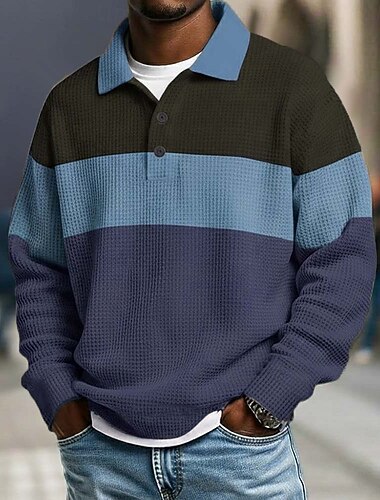  Homme Rayures horizontales Chemises Polo Gaufre Polo de rugby Polos de Rugby manche longue Polos Revers Vêtements de sport Occasionnel École Athleisure Tenue quotidienne Impression 3D Printemps