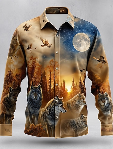  男性用 動物 オオカミ 自然、風景 シャツ ボタンアップシャツ 長袖 ヴィンテージレトロ アウトドア キャンピング＆ハイキング ハンティング 春 秋 折襟 3Dプリント リネンライクシャツ ブラウン