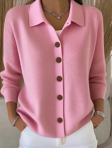  女性用 ニット カーディガン ストリートファッション カジュアル 純色 シャツカラー ボタン ニット 長袖 レギュラートップス ニット 祝日 お出かけ 週末 ホワイト ピンク 秋 冬